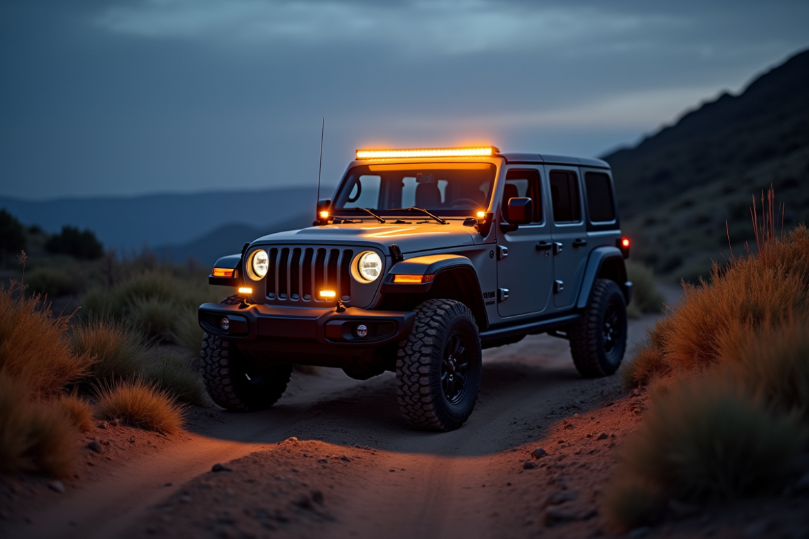 Véhicule 4x4 en nature au crépuscule avec lumière LED