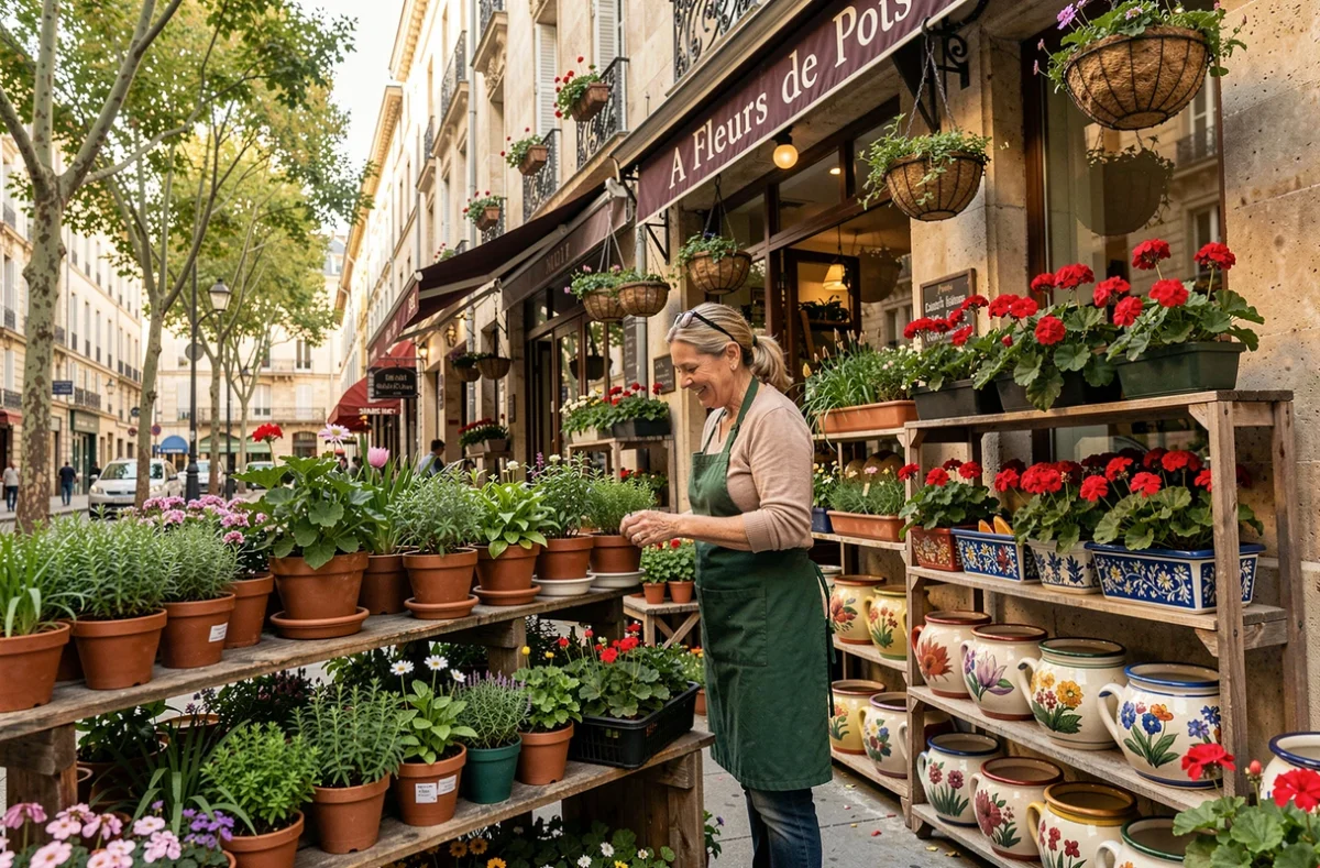 Fleuriste d'A Fleurs de Pots dans le 9ème arrondissement de Lyon choisissant des plantes en pots sur un présentoir de rue