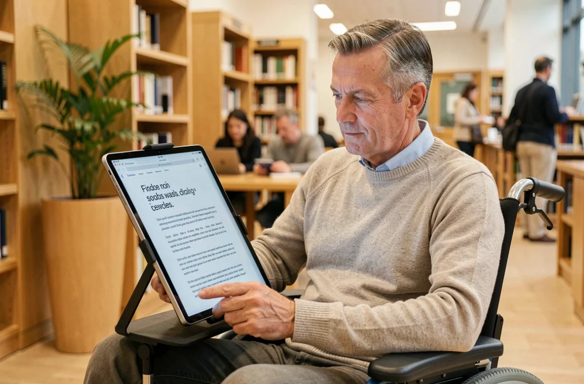 Homme en fauteuil roulant lisant un contenu numérique avec une police accessible sur tablette en bibliothèque