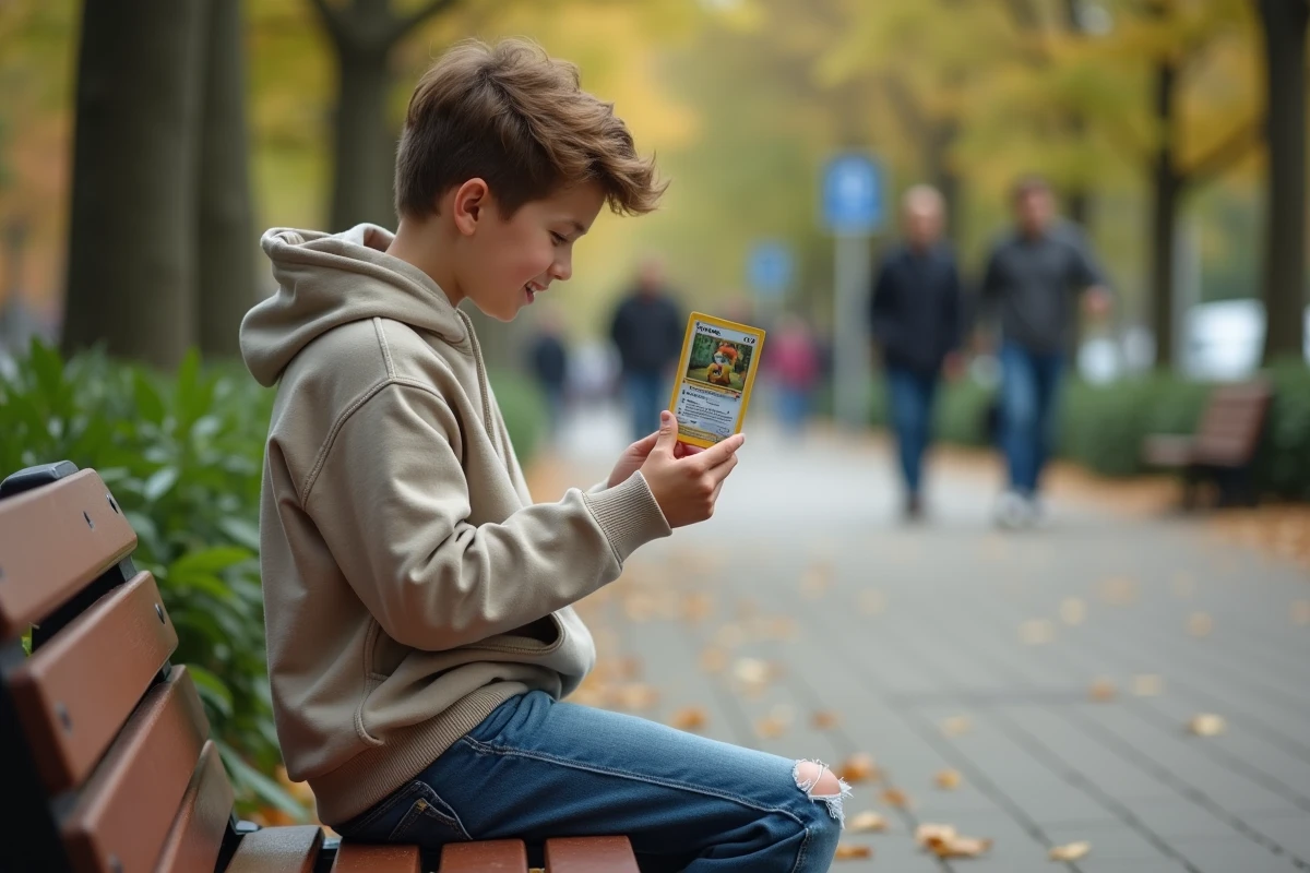 Adolescent regardant une carte Pokémon dans un parc en plein air