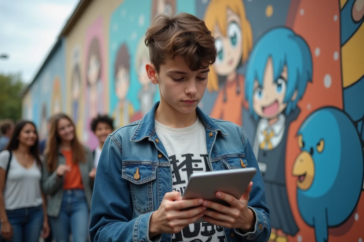 Adolescent devant un mur street art avec anime et amis en arrière-plan