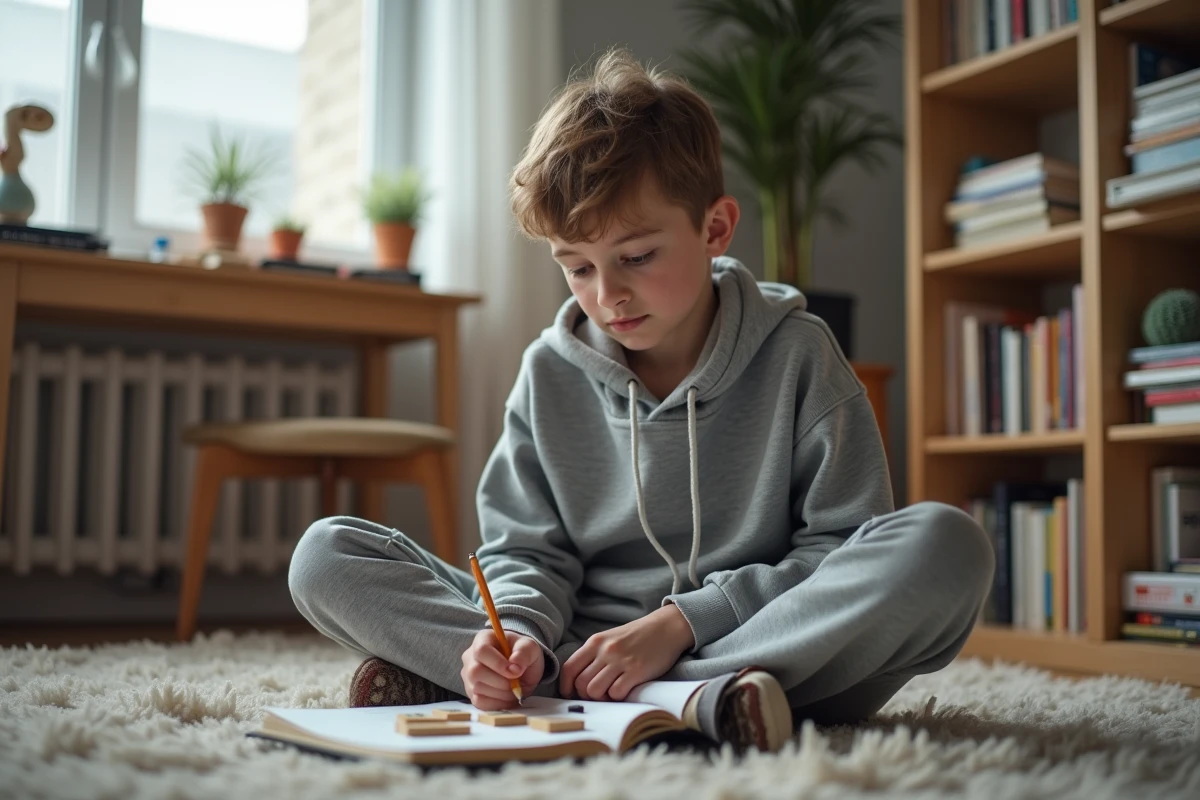 Adolescent assis par terre dans sa chambre, prenant des notes pour apprendre les anagrammes au Scrabble