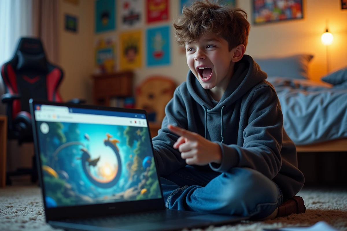 Adolescent hilare devant son laptop affichant l'animation Do a Barrel Roll en plein écran dans sa chambre