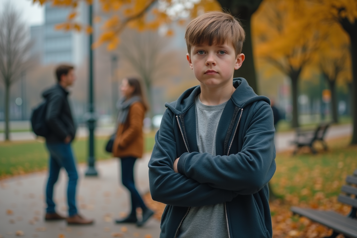 Adolescent dans un parc en automne avec feuilles mortes