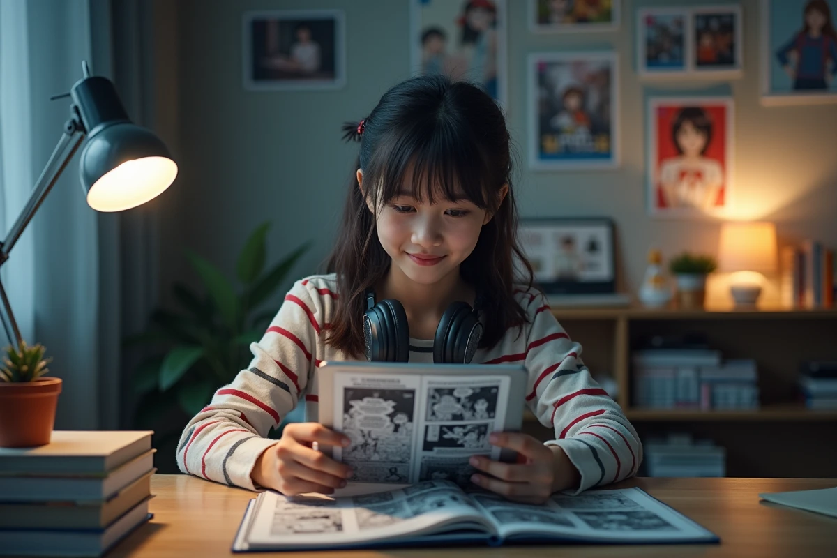 Adolescente lisant des scans manga en français sur une tablette dans sa chambre avec des posters d'anime