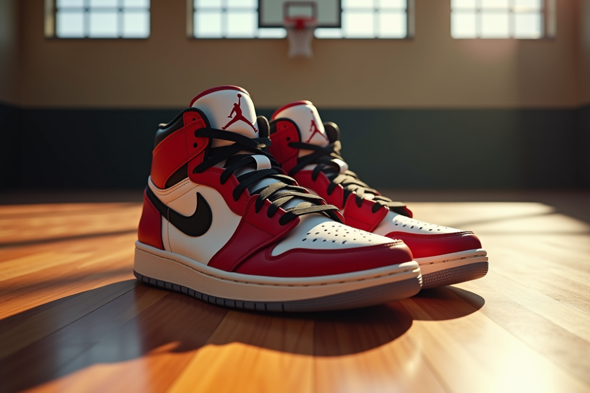 Chaussures Air Jordan vintage sur sol en bois de basket