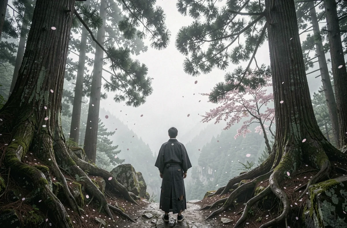 Homme japonais de dos sur un chemin de montagne brumeux en hakama déchiré, contemplant une vallée vaporeuse, symbolisant la culpabilité et les derniers moments d'Akaza