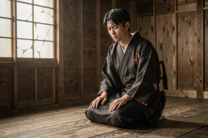 Jeune homme japonais en kimono sombre agenouillé dans un dojo traditionnel, expression de douleur et de sérénité, évoquant les derniers souvenirs d'Akaza