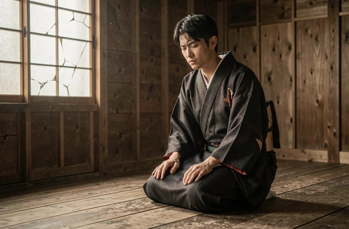 Jeune homme japonais en kimono sombre agenouillé dans un dojo traditionnel, expression de douleur et de sérénité, évoquant les derniers souvenirs d'Akaza