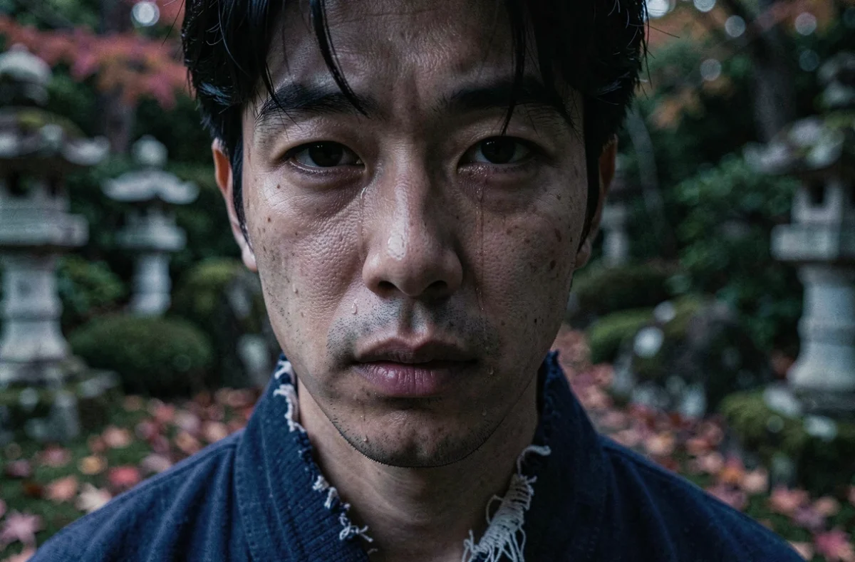Portrait en gros plan d'un homme japonais en larmes dans un jardin d'automne, regard perdu dans ses souvenirs, ambiance mélancolique et introspective liée à la mort d'Akaza