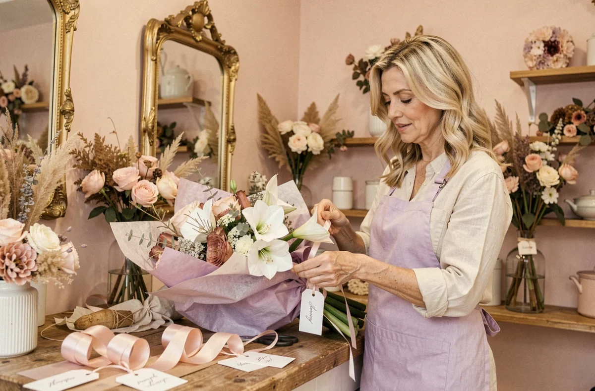 Fleuriste d'Amarylice enveloppant un bouquet d'amaryllis dans une boutique lyonnaise au décor romantique et pastel