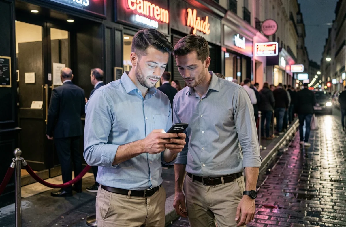 Deux amis devant l'entrée d'une boîte de nuit parisienne consultant des abréviations de soirée sur un smartphone
