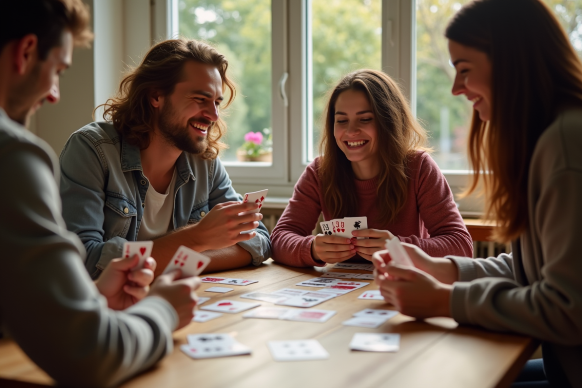 Quatre amis jouent aux cartes autour d'une table ensoleillée