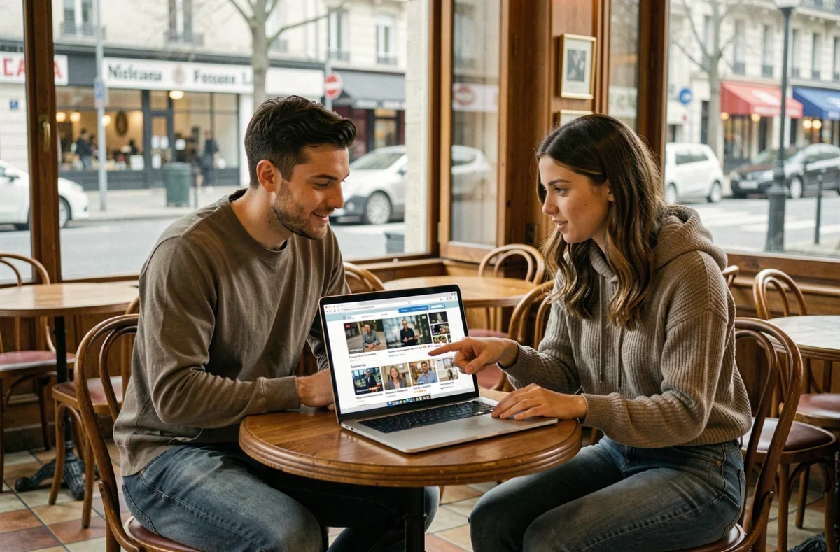 Deux amis regardant ensemble un site de vidéos français sur un ordinateur portable dans un café parisien