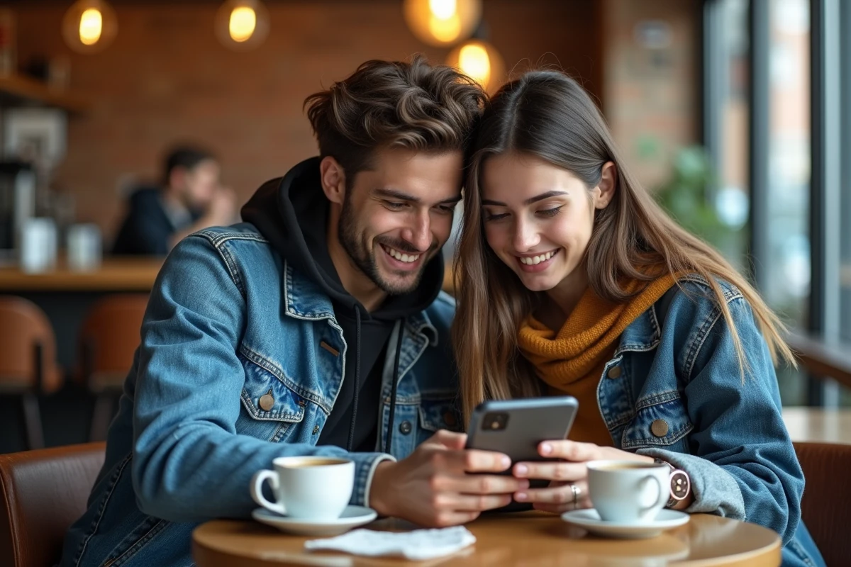 Deux amis cherchant ensemble une solution complète au jeu mobile Room dans un café