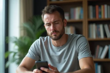Homme consultant un annuaire inversé sur son smartphone depuis un bureau à domicile