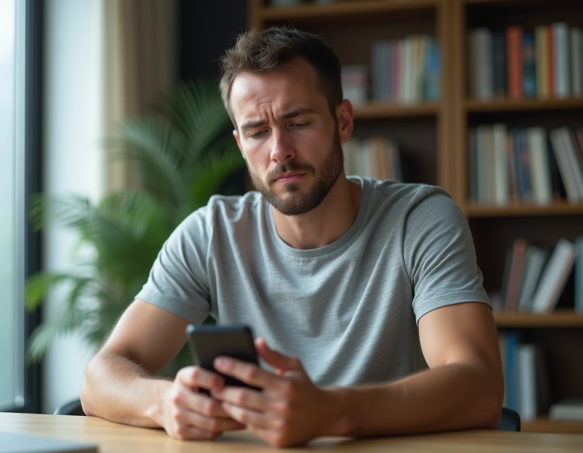 Homme consultant un annuaire inversé sur son smartphone depuis un bureau à domicile