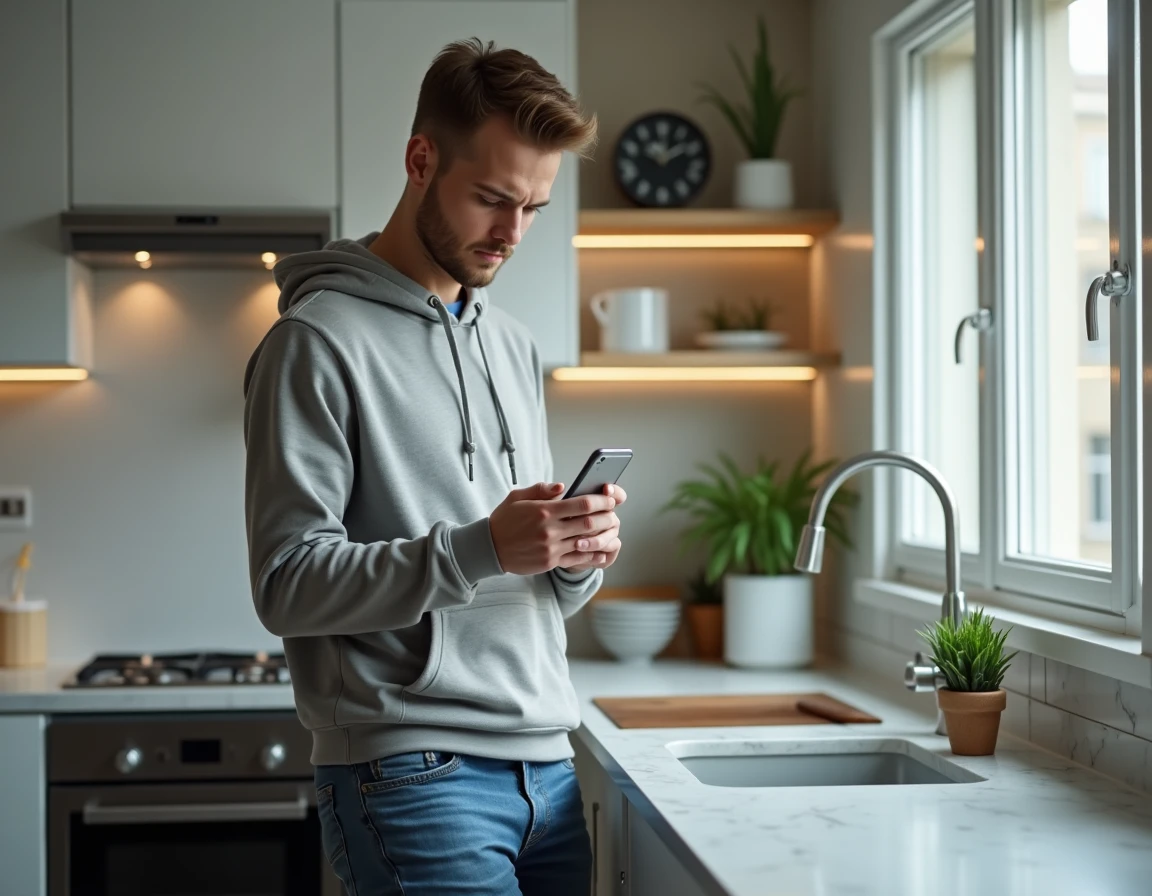 Jeune homme vérifiant un annuaire téléphonique inversé sur mobile dans une cuisine moderne
