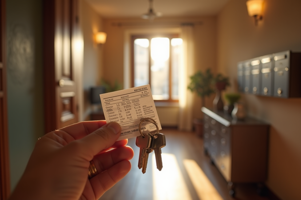 Main tenant des clés et facture de loyer dans un couloir lumineux