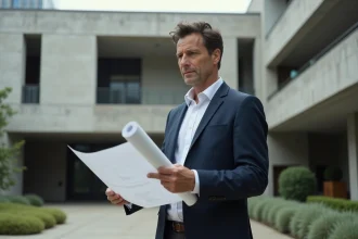 Architecte examinant un plan devant un bâtiment Breuer en béton