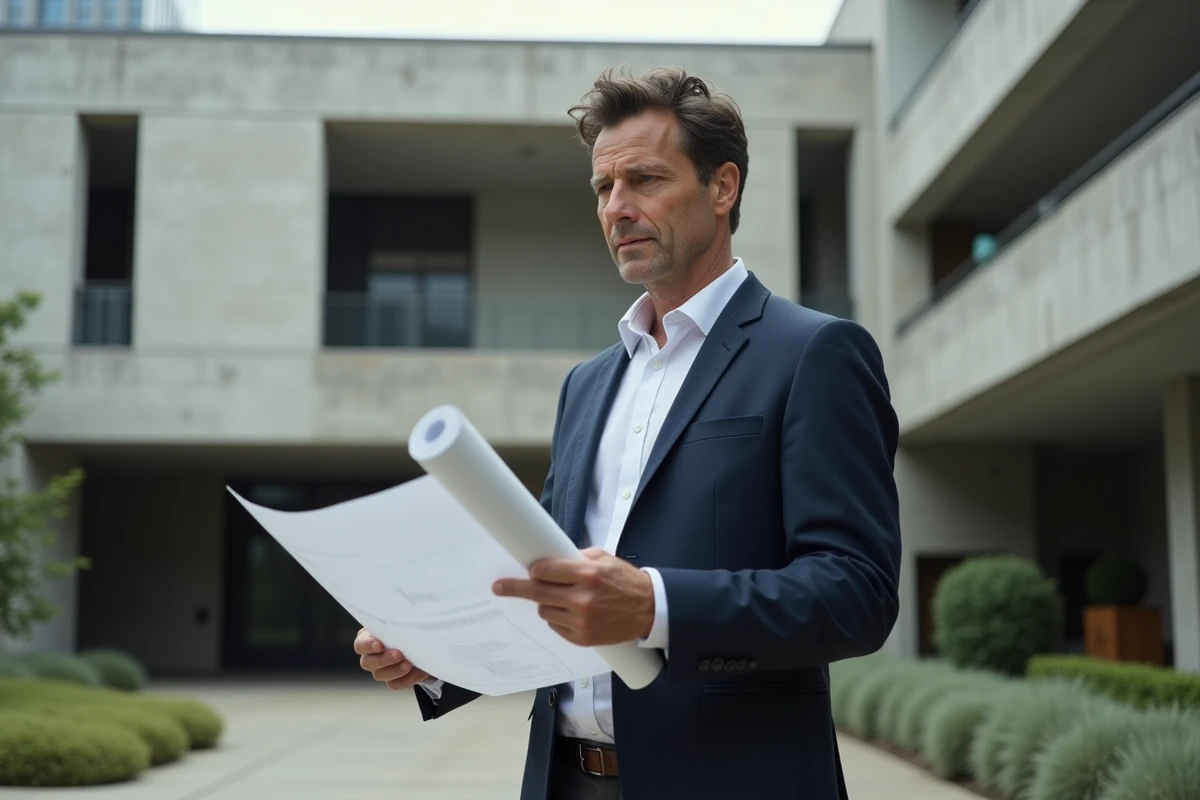 Architecte examinant un plan devant un bâtiment Breuer en béton