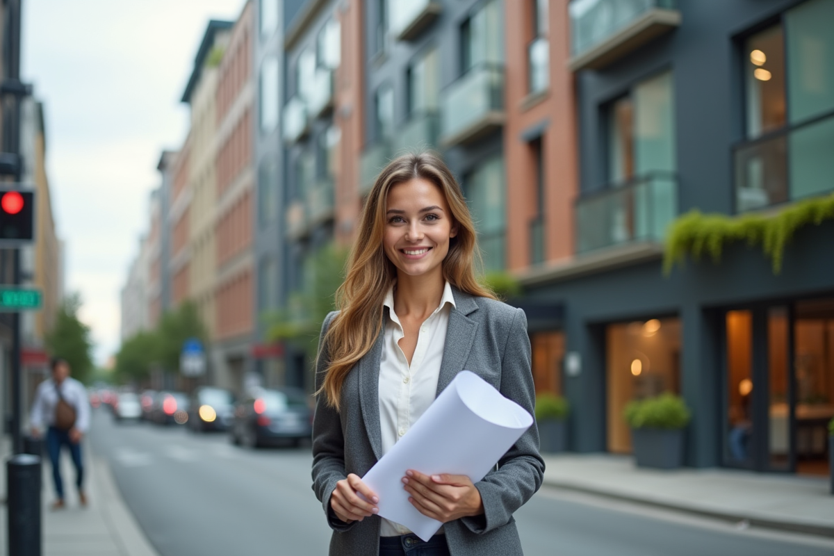 Jeune architecte avec plans devant bâtiment rénové