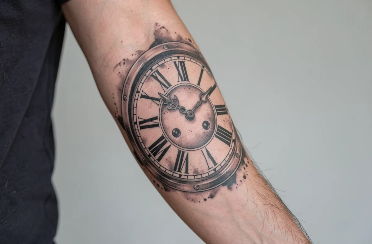 Avant-bras orné d'un tatouage d'horloge en noir et gris