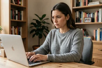 Femme rédigeant un avis client sur un site de shopping en ligne comme Hacoo SaraMart depuis son bureau à domicile