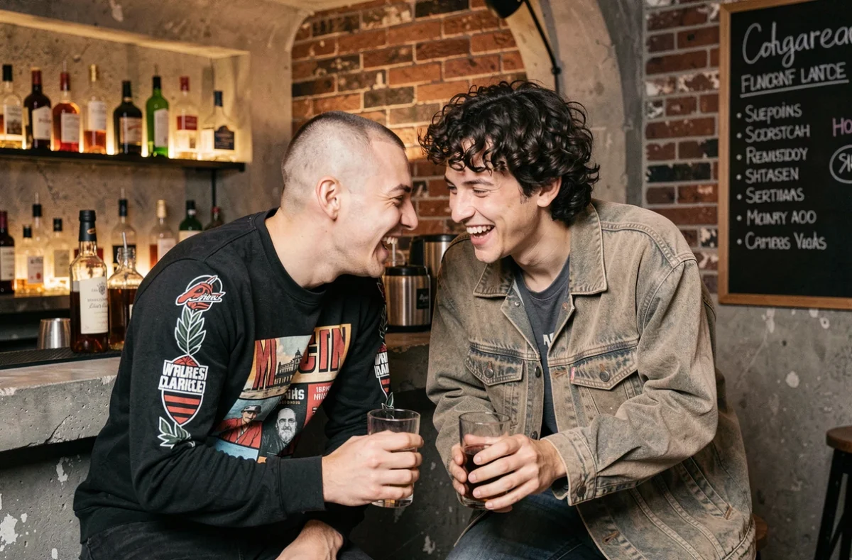 Deux amis expatriés en discussion dans le bar d'un club techno parisien au décor industriel en béton brut