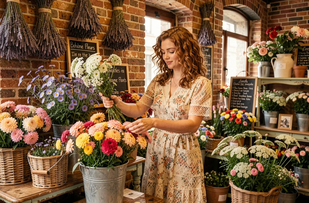 Fleuriste de Bohème Fleurs entourée de bouquets champêtres dans une boutique lyonnaise à l'ambiance bohème
