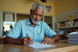 Homme mauricien remplissant un formulaire postal au bureau de poste de Port Louis avec son code postal