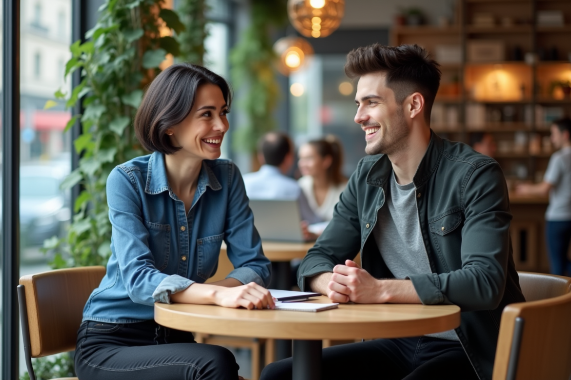 Femme et homme discutant dans un cafe moderne