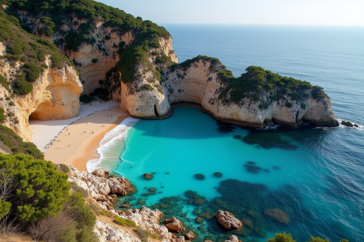 Calanque isolée avec eau turquoise et falaises ensoleillées