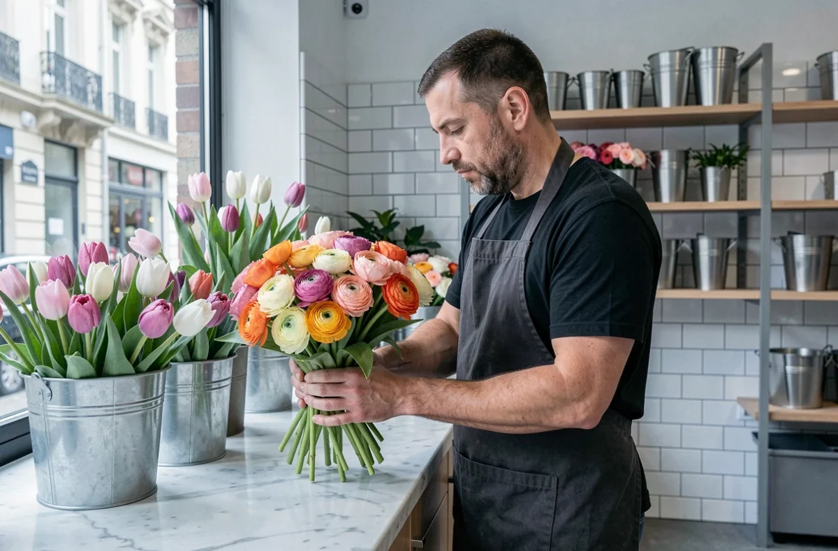 Fleuriste de Carré Fleurs Lyon Vaise composant un bouquet de tulipes dans une boutique moderne du quartier Vaise