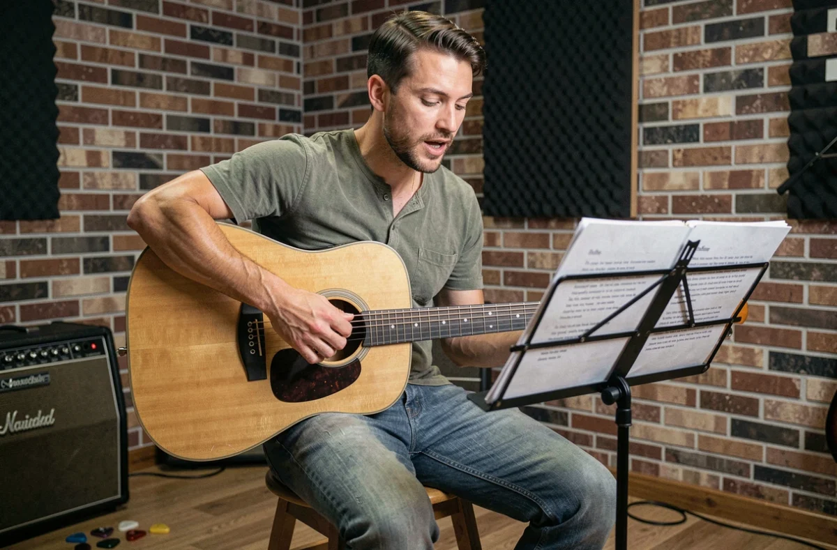 Guitariste chantant les paroles de Comme toi de Jean-Jacques Goldman dans un studio de répétition
