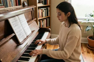 Jeune femme jouant les paroles de Comme toi de Jean-Jacques Goldman au piano dans un salon chaleureux