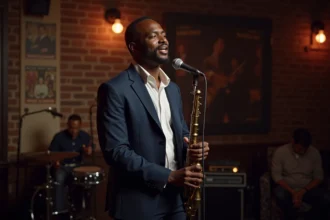 Chanteur américain de jazz en pleine performance sur scène dans un club intimiste aux murs de briques
