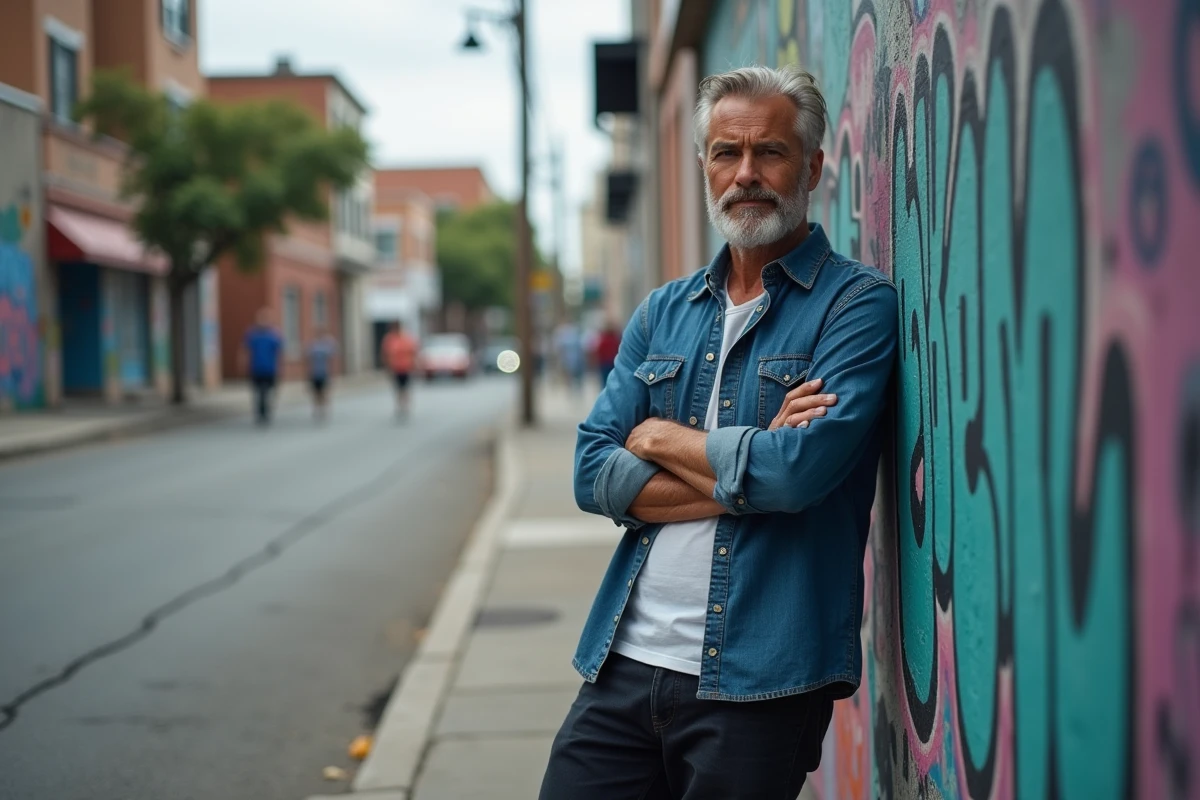 Chanteur américain d'origine latine posant devant un mur de graffitis urbains dans une ruelle de ville américaine