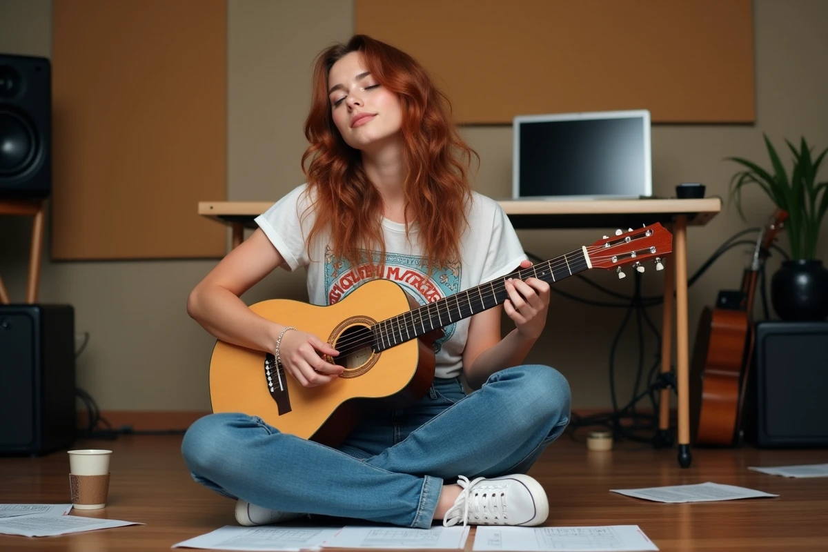 Jeune chanteuse américaine jouant de la guitare acoustique dans un studio d'enregistrement authentique