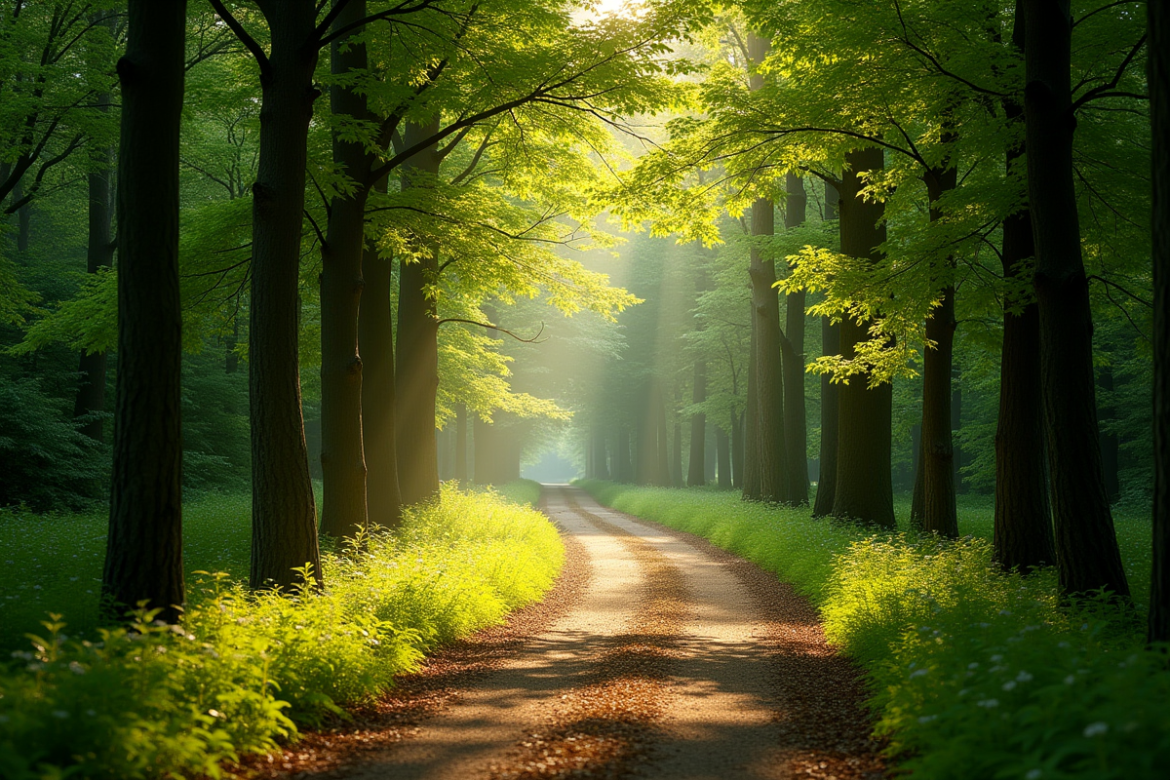 Sentier forestier ensoleille dans le bois de Montmaur
