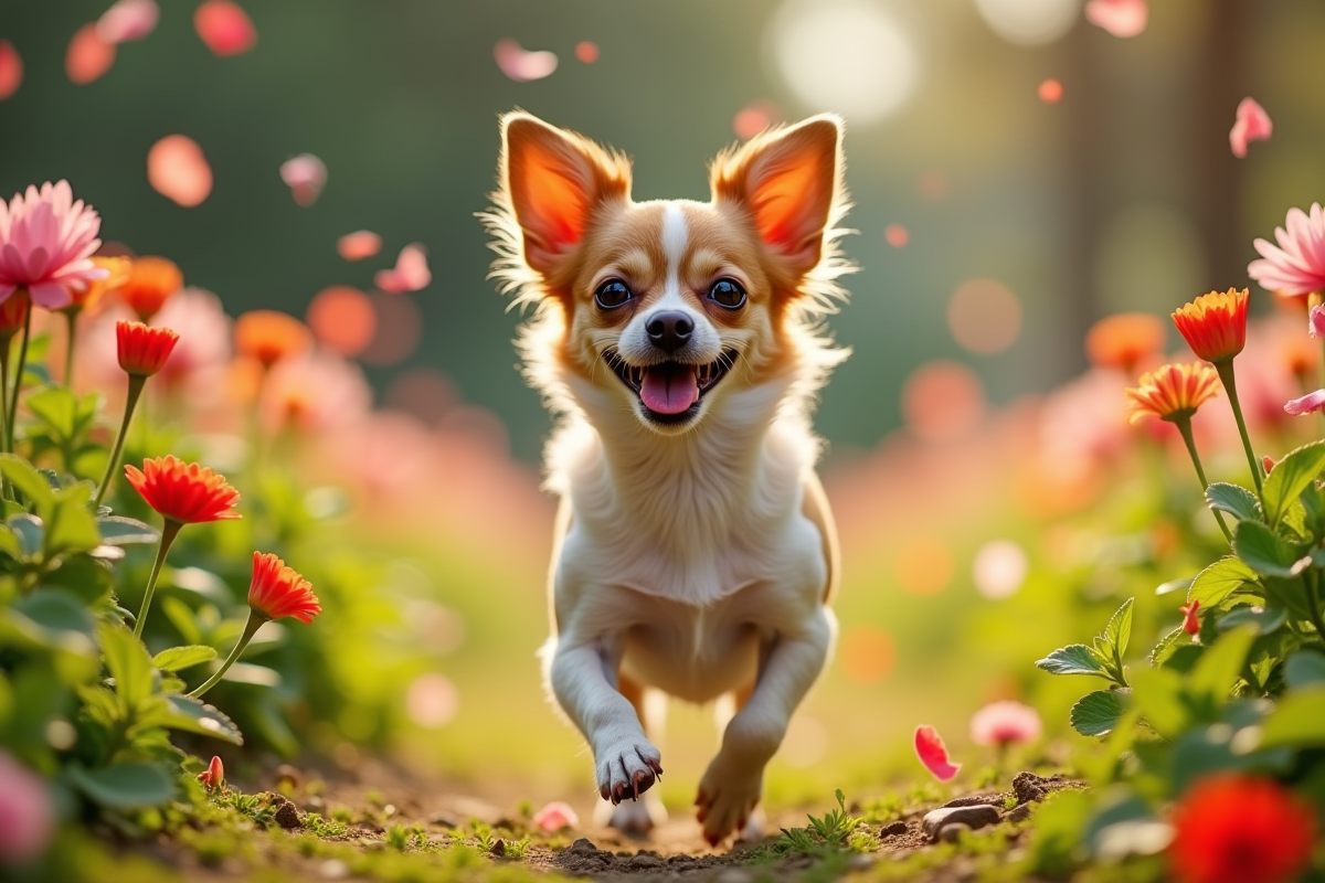 Chihuahua courant dans un jardin fleuri en plein jour