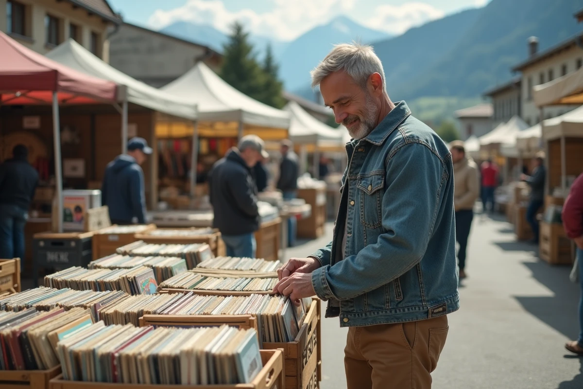 Homme feuilletant des vinyles dans un vide grenier en plein air dans un village de Savoie