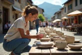 Femme chinant de la vaisselle ancienne sur un vide grenier en Savoie lors d'un week-end ensoleillé