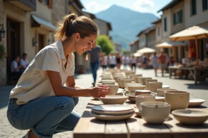 Femme chinant de la vaisselle ancienne sur un vide grenier en Savoie lors d'un week-end ensoleillé