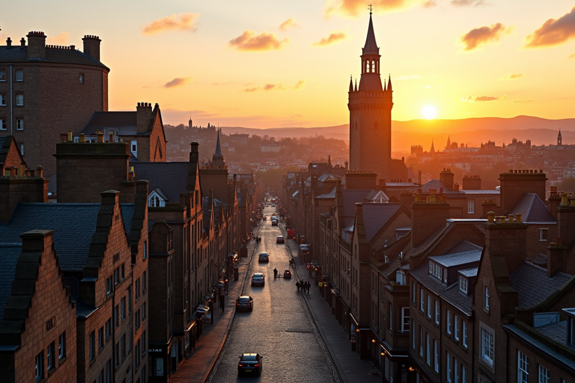 Vue panoramique d'Edinburgh au coucher du soleil avec bâtiments historiques