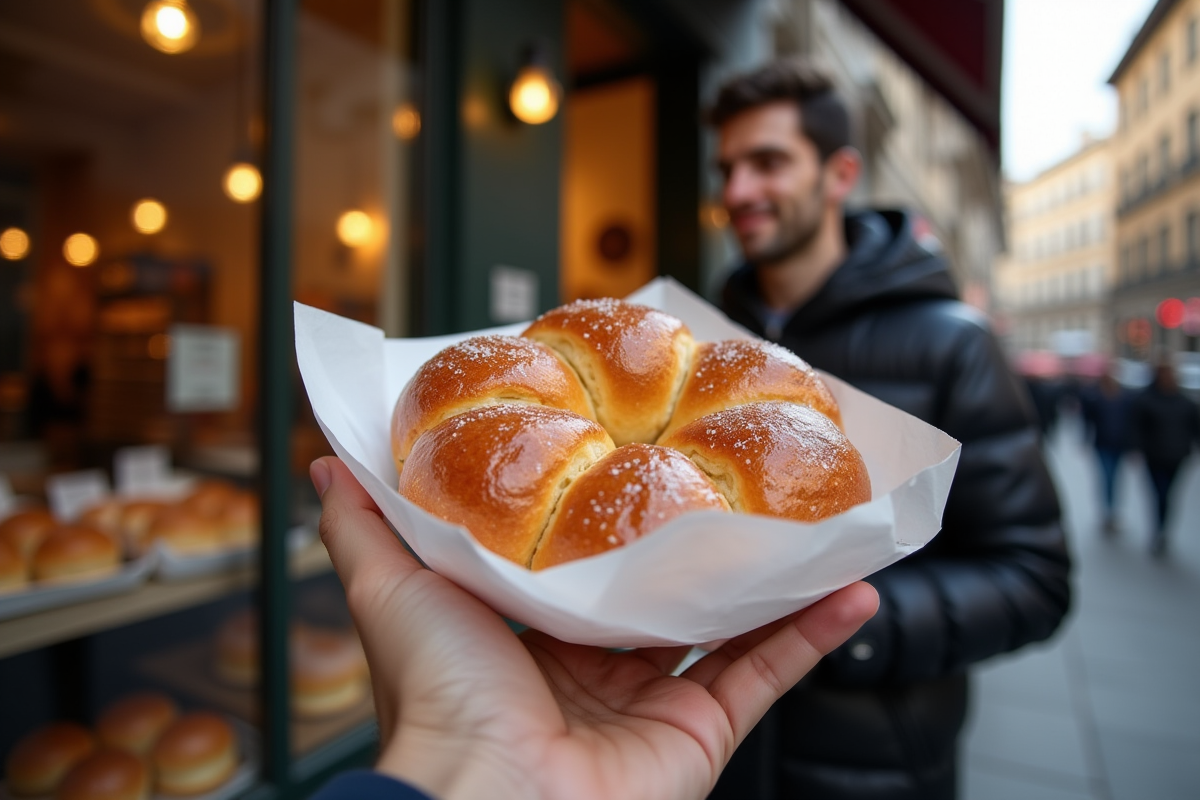 Client tenant un panzerotto chaud devant la boutique Luini à Milan