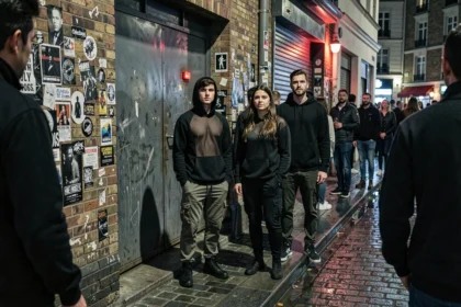 Groupe d'étudiants Erasmus et expatriés devant l'entrée d'un club techno parisien underground la nuit