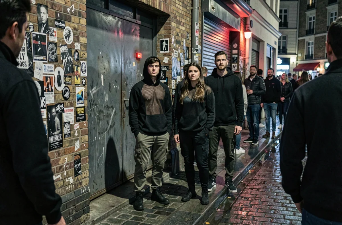Groupe d'étudiants Erasmus et expatriés devant l'entrée d'un club techno parisien underground la nuit