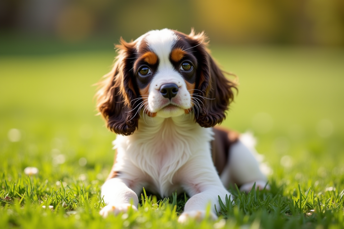 Miniature cocker spaniel regardant la caméra sur une pelouse verte