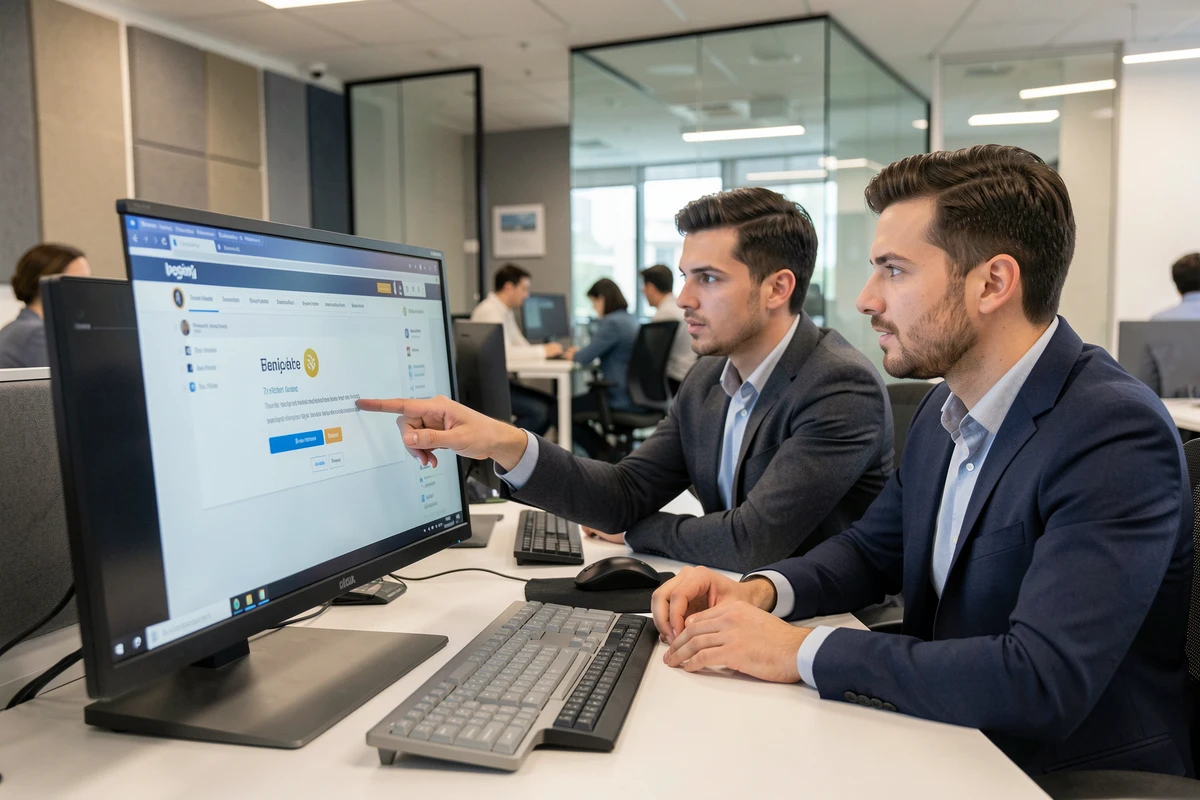 Deux collègues analysant une interface de paiement sécurisé avec authentification à deux facteurs au bureau